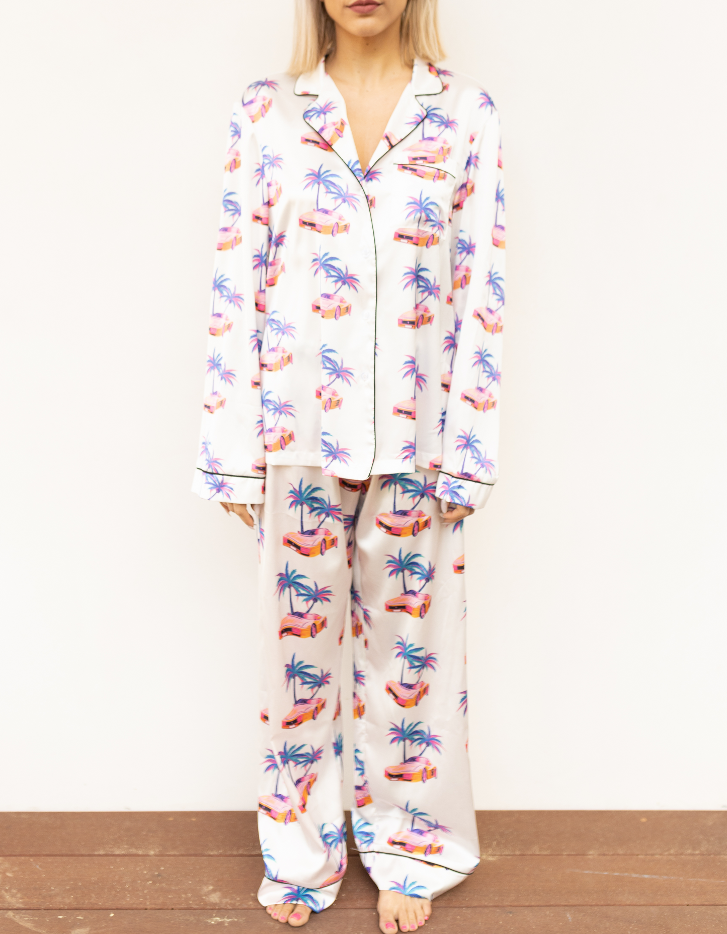 Unisex Satin Pajama Set in Iconic Dirty Weekend Palm Tree and Race Car Pattern